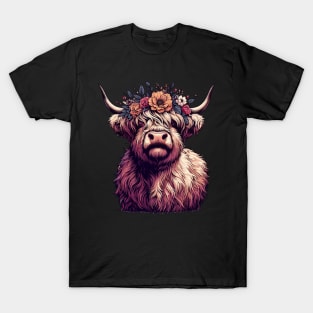 Funny scottish highland cow with flower crown T-Shirt